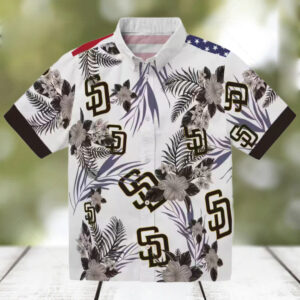 San Diego Padres Hawaiian Shirt   Patriotic Hibiscus Print in Brown & White for Padres Fans
