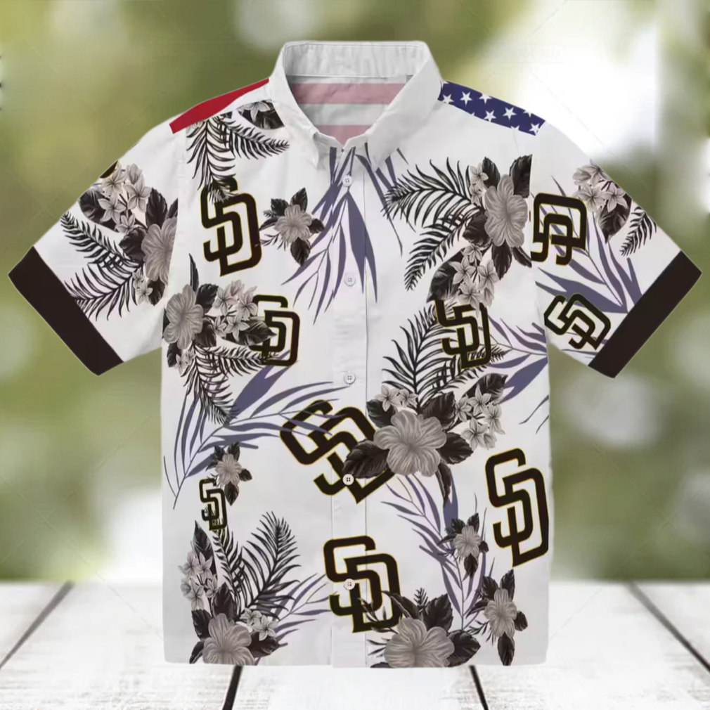 San Diego Padres Hawaiian Shirt Patriotic Hibiscus Print in Brown & White for Padres Fans San Diego Padres Hawaiian Shirt Patriotic Hibiscus Print in Brown & White for Padres Fans