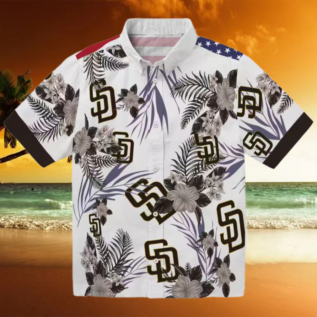 San Diego Padres Hawaiian Shirt Patriotic Hibiscus Print in Brown & White for Padres Fans San Diego Padres Hawaiian Shirt Patriotic Hibiscus Print in Brown & White for Padres Fans