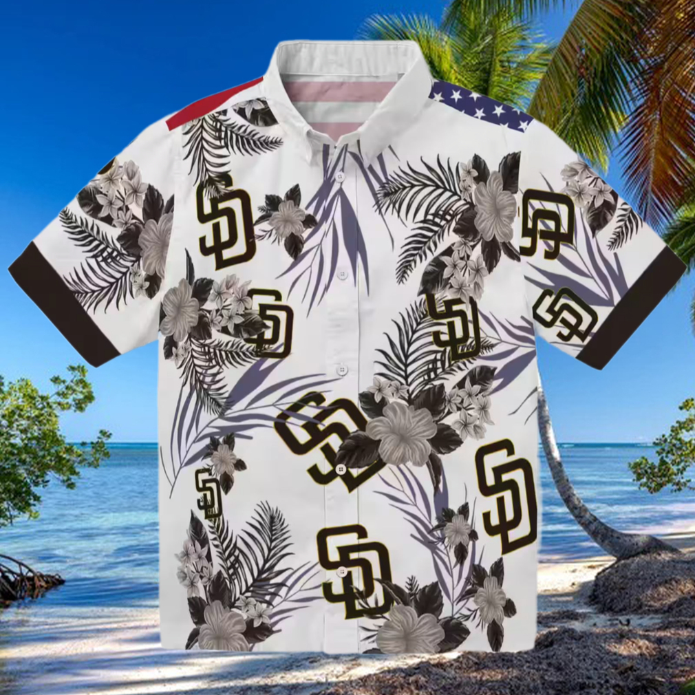 San Diego Padres Hawaiian Shirt Patriotic Hibiscus Print in Brown & White for Padres Fans San Diego Padres Hawaiian Shirt Patriotic Hibiscus Print in Brown & White for Padres Fans