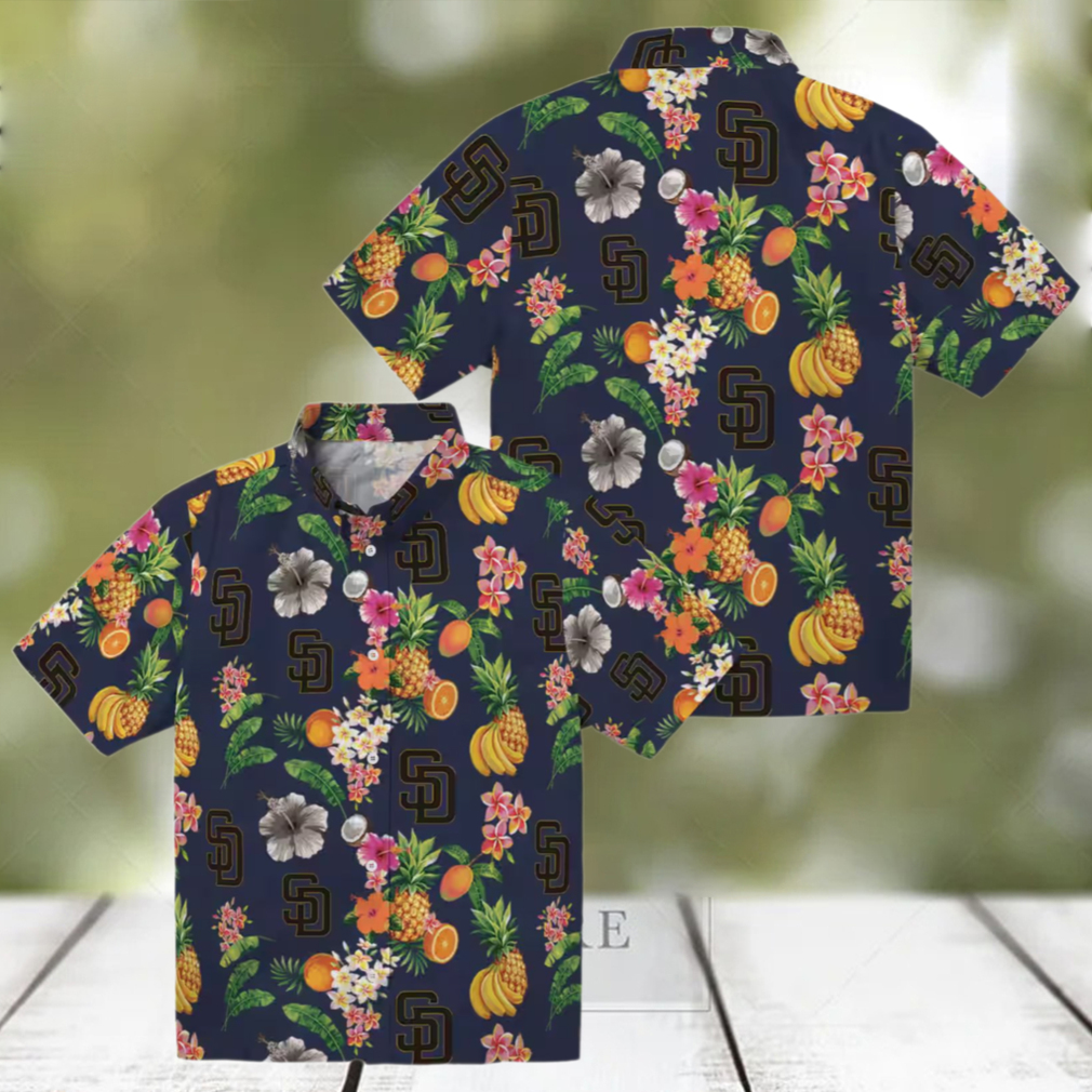 San Diego Padres Tropical Hibiscus & Fruit Navy Hawaiian Shirt for Summer San Diego Padres Tropical Hibiscus & Fruit Navy Hawaiian Shirt for Summer