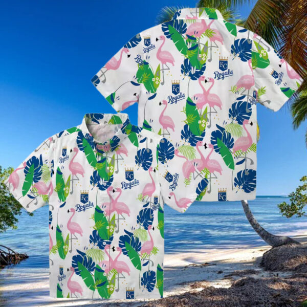 Shop Kansas City Royals Hawaiian Shirt   Aloha Flamingo Tropical Palm Blue Green