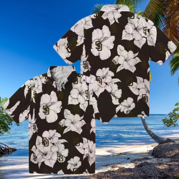 Shop San Diego Padres Hibiscus Brown & White Hawaiian Shirt   Perfect MLB Fan Summer Shirt