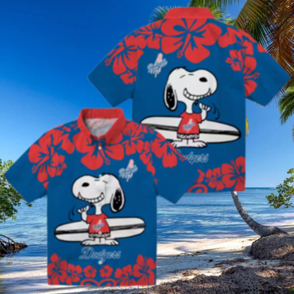 Snoopy Surf Blue Dodgers Hawaiian Shirt   Official LA MLB Aloha Gift for Men