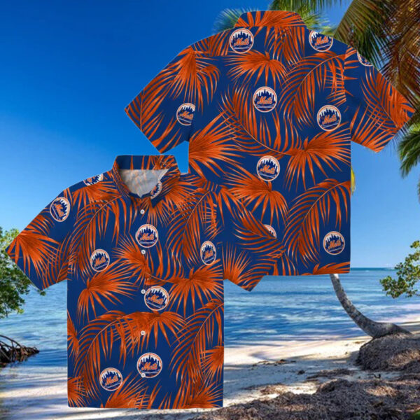 Summer Ready New York Mets Hawaiian Shirt   Blue Palm Leaves MLB Shirt