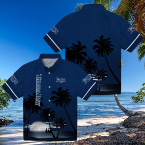 Tampa Bay Rays Summer Casual Shirt   Navy Hawaiian Top with Sunset & Beach Print