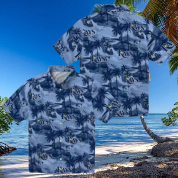 Tampa Bay Rays Tropical Coastal Palms Hawaiian Shirt   Navy Summer Fan Gear