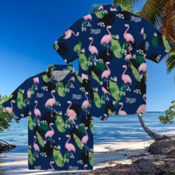 Tampa Bay Rays Tropical Hawaiian Shirt   Navy Flamingo Leaf Fan Favorite