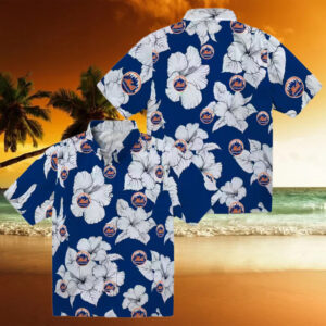 Tropical Hibiscus Blue & White New York Mets Hawaiian Shirt   Summer Baseball Fan Gear