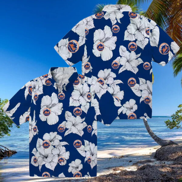 Tropical Hibiscus Blue & White New York Mets Hawaiian Shirt   Summer Baseball Fan Gear