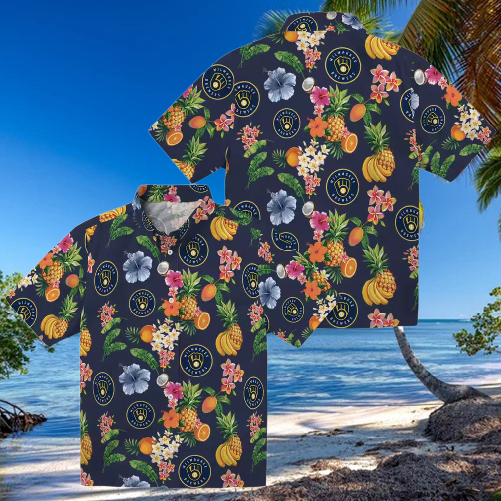 Tropical Navy Blue Milwaukee Brewers Hawaiian Shirt Summer Floral & Fruit Button Up Top Tropical Navy Blue Milwaukee Brewers Hawaiian Shirt Summer Floral & Fruit Button Up Top