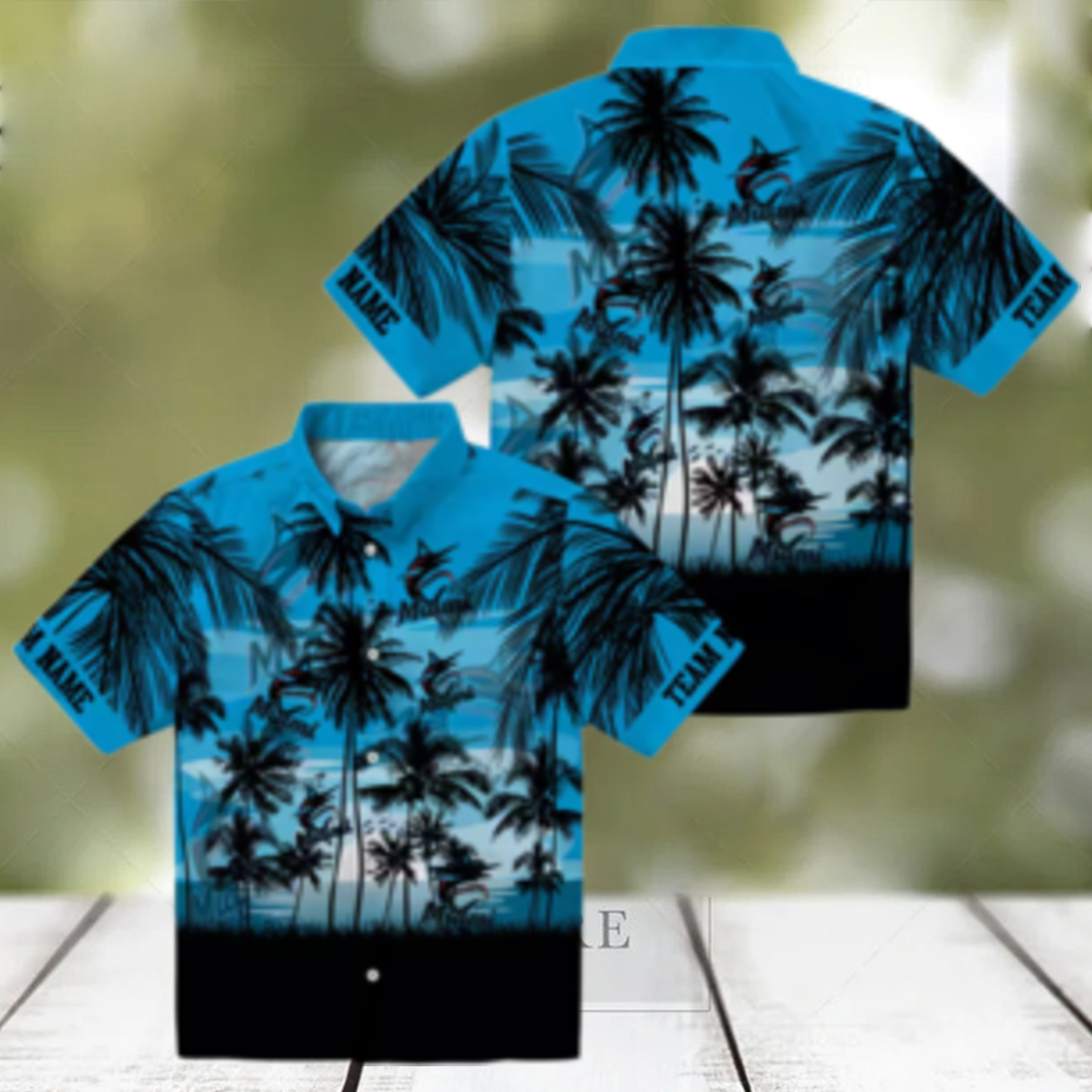 Unique Miami Marlins Tropical Hawaiian Shirt Blue & Black Sunset Baseball Fan Gift Unique Miami Marlins Tropical Hawaiian Shirt Blue & Black Sunset Baseball Fan Gift
