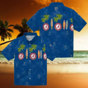 Women’s Kansas City Royals Aloha Hawaiian Shirt   Blue Palm & Surfboard Design