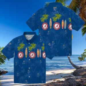 Women’s Kansas City Royals Aloha Hawaiian Shirt   Blue Palm & Surfboard Design