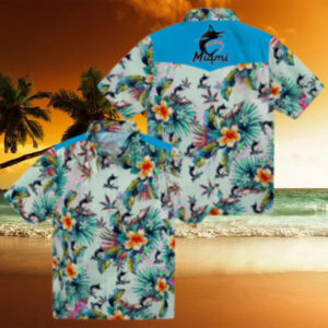 Women’s Miami Marlins Floral Hawaiian Shirt   Green Foliage Game Day Look