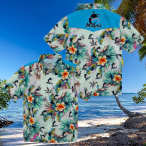 Women’s Miami Marlins Floral Hawaiian Shirt   Green Foliage Game Day Look