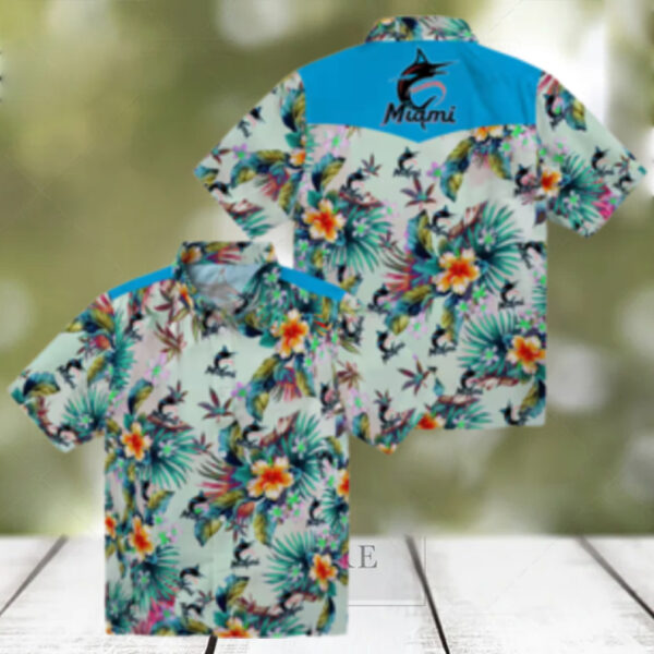 Women’s Miami Marlins Floral Hawaiian Shirt   Green Foliage Game Day Look
