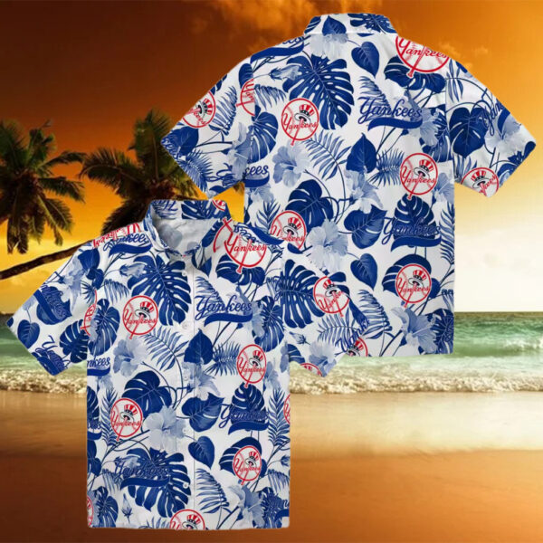 Women’s New York Yankees Tropical Plants Hawaiian Shirt   Navy Floral Vacation Style