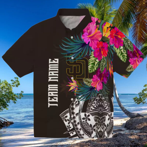 san diego padres button down brown hawaiian shirt floral polynesian design for baseball fans 0